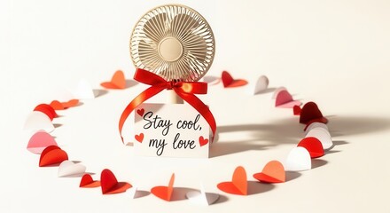 Cute fan surrounded by heart-shaped decorations and a note saying "Stay cool, my love," conveying a playful romantic message, with copy space
