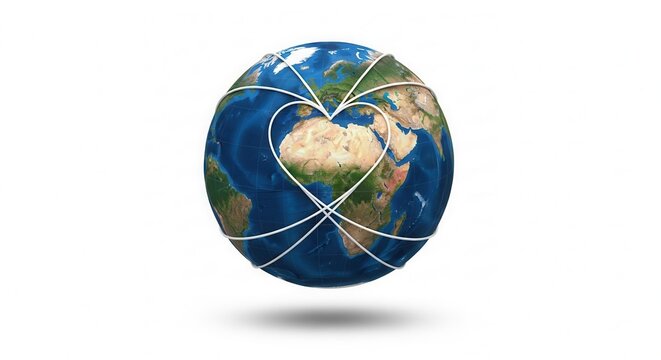 Globe wrapped in heart-shaped lines, symbolizing love and connection across the world, with copy space
