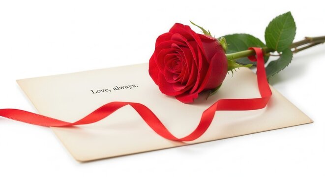 Red rose placed on an envelope with the message "Love, always," symbolizing romance and affection, with copy space