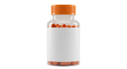 Clear jar displays orange pills with label. Clean surface, minimal shadows for product branding.