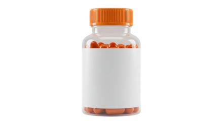 Clear jar displays orange pills with label. Clean surface, minimal shadows for product branding.