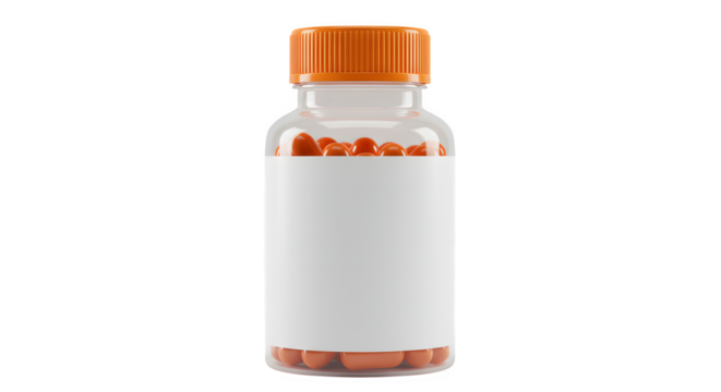 Clear jar displays orange pills with label. Clean surface, minimal shadows for product branding.