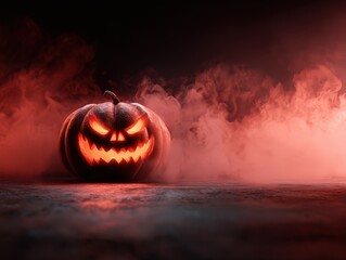 Illuminated jack o lantern with a sinister grin surrounded by red smoke against a dark background