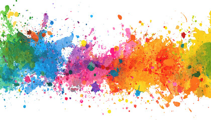 Colorful splashes of paint create vibrant and dynamic visual on white background. Red, purple, blue, green, and yellow. This artwork evokes creativity.