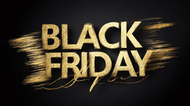 Golden Black Friday text on dark backdrop. This visual creates anticipation and excitement for sales. The shiny lettering evokes luxury & savings combined.
