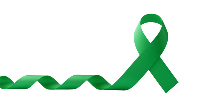 Emerald ribbon casts soft shadows on black. Symbolic use for awareness campaigns, posters, digital designs.