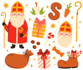 A set of Sinterklaas elements. Saint Nicholas, gifts, a shoe with sweets, and a golden staff.