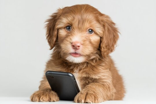 Puppy enthralled by smartphone's light on a starry night. Puppy captivated. Big data processing techniques for complex information systems. Whimsical puppy. Puppy enchantment.