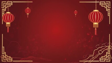 Festive red background illustration with hanging Chinese lanterns and elegant golden ornamental frames for Asian holiday celebrations