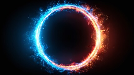 Fiery blue and red circular portal glowing against a dark background. The contrast between cold and warm, ethereal glow creates a visually striking image. Modern digital render.