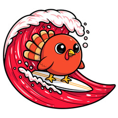 Whimsical cartoon turkey character happily riding a massive red ocean wave, a vibrant and playful vector graphic illustration