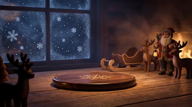 Cozy Christmas Eve: Santa, Reindeer, and Sleigh in a Rustic Cabin by a Snowy Window