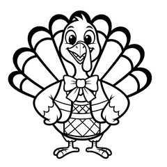 Charming cartoon turkey illustration featuring a cheerful character with a bow tie, perfect for holiday coloring activities