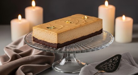 Peanut butter cheesecake Indulge in the allure of a rectangular coffee mousse cake, adorned with delicate gold flakes, gracefully displayed on a crystal stand.