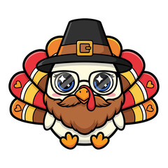 Cute cartoon turkey in pilgrim hat, glasses, and beard; a festive vector illustration for holiday fun