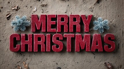 Festive red letters spell 'Merry Christmas' on a sandy surface.  Blue-green evergreen sprigs add a natural, wintry touch to the holiday message, creating a cozy, seasonal vibe.