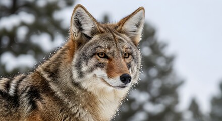 Alert coyote navigating through snow-laden evergreen forest during winter, displaying natural camouflage with thick winter coat and keen senses while moving through snowy wilderness landscape surround
