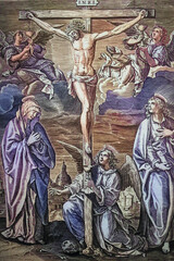 Naklejka premium Engraving (19th century) of Jesus Christ crucified on the cross represented with Mary and Saint John.