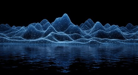 Abstract glowing mountain range reflecting in dark water surface scene