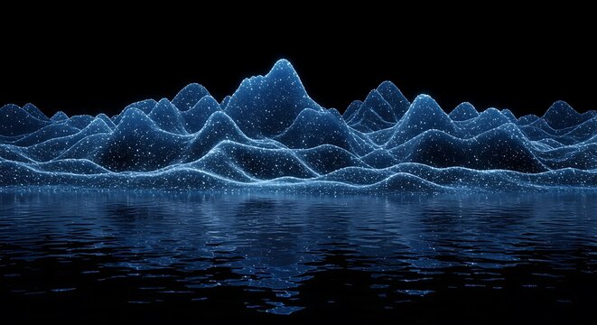 Abstract glowing mountain range reflecting in dark water surface scene