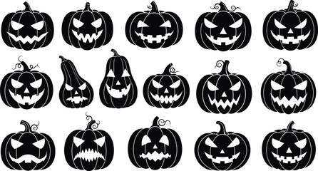 Set of spooky Jack-O'-Lantern silhouettes, flat vector illustration, scary black pumpkins with evil grins and carved faces for Halloween holiday decoration and greeting cards.