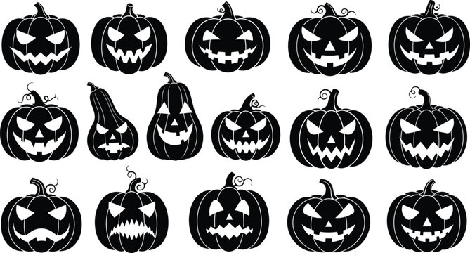 Set of spooky Jack-O'-Lantern silhouettes, flat vector illustration, scary black pumpkins with evil grins and carved faces for Halloween holiday decoration and greeting cards.