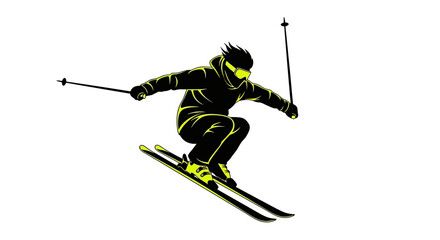 Dynamic skier performing aerial trick with sleek design against stark white background, perfect for extreme sports branding and modern winter campaigns