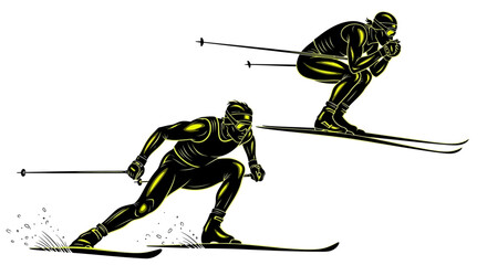 Dynamic skiers speeding down the slopes, a thrilling illustration of winter sports and athletic prowess, perfect for action-packed designs and adventurous themes © Thamseer