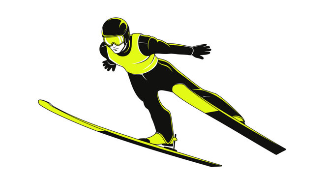 Dynamic ski jumper illustration ready for flight, poised for action in vibrant yellow and black, perfect for sports or adventure themes