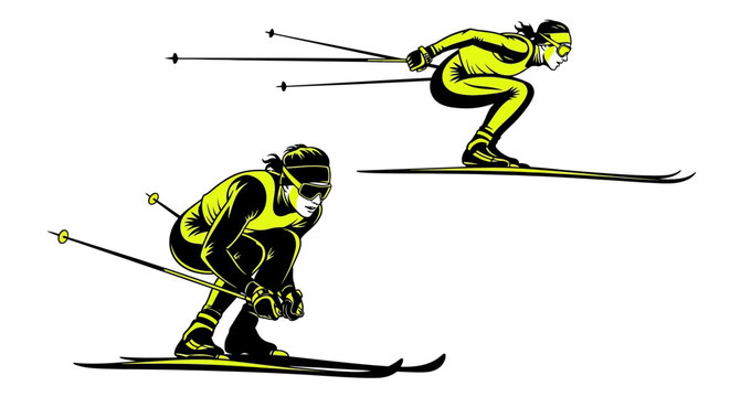 Dynamic downhill skiing vector art for sports branding projects and winter event promotions, showcasing speed and skill on the slopes in bright, bold style