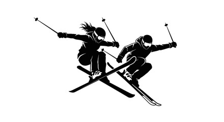 Dynamic skiers soaring through the air, embrace the thrill of winter sports, perfect for adventure and active lifestyle campaigns, skiing excitement
