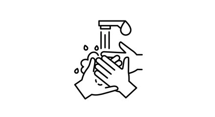 Outline illustration shows washing hands under faucet against black background. Ideal for health awareness posters.