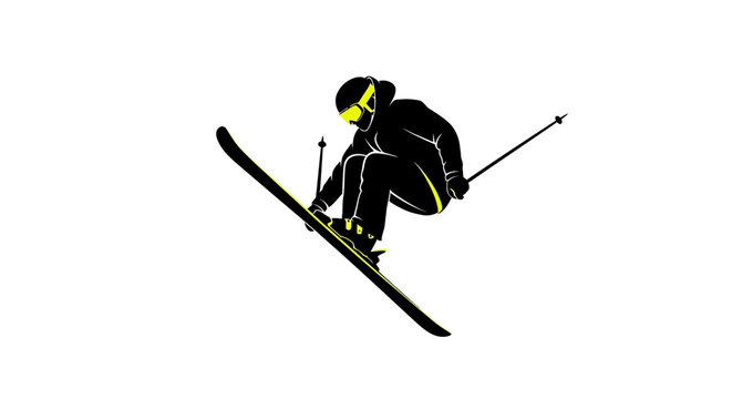 Dynamic skier silhouette mid-air with bright yellow accents evokes thrilling winter sports action and extreme performance in a minimal stylish design