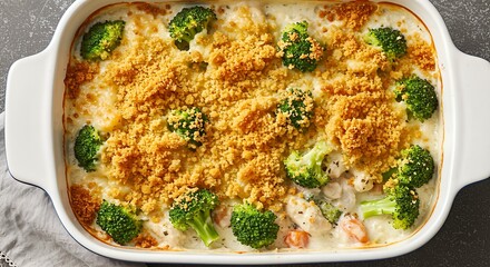 Creamy chicken and broccoli casserole with a golden breadcrumb topping in a white baking dish.