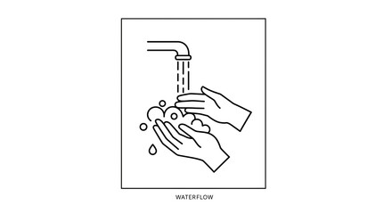 White line art on black shows washing hands with flowing water. Use for hygiene-related designs, public health posters, or branding.