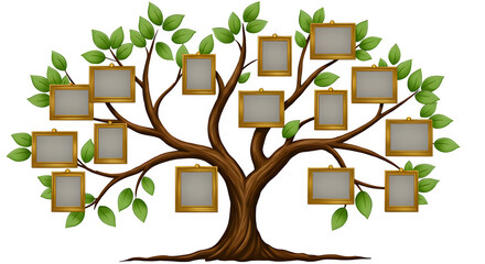 Family Tree with Gold Frames displays ancestors. Perfect for genealogy projects, family history presentations, and decorative design.