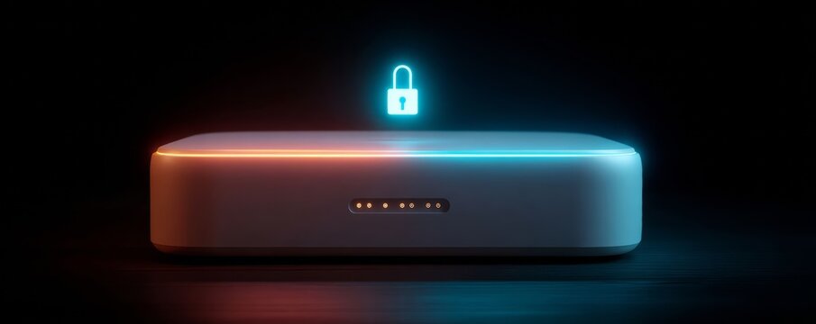 White network router with a cyber security lock icon floating above it. Digital data protection concept for internet safety. - Powered by Adobe