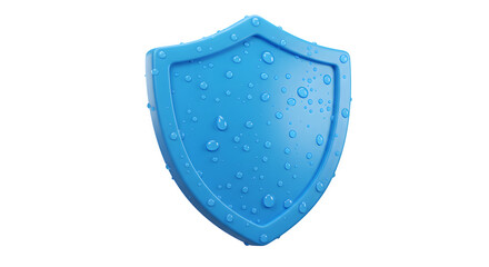 Blue shield with water droplets symbolizes protection; use for cyber security, insurance, or product safety concepts.