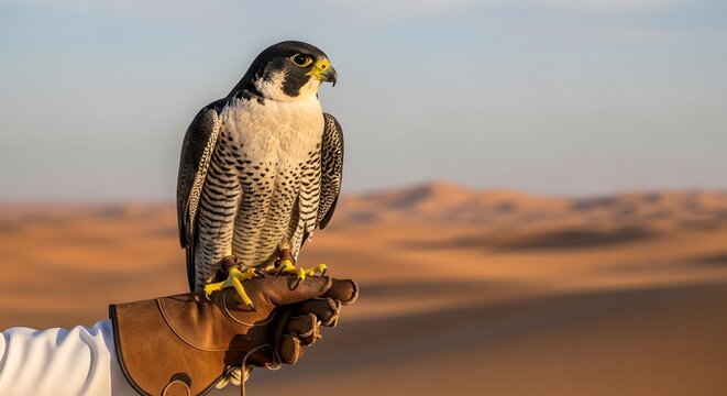 An Emirati falconer's gloved hand with a majestic Peregrine falcon perched calmly, the vast desert landscape blurred behind. Symbolizes heritage, tradition, and desert royalty.