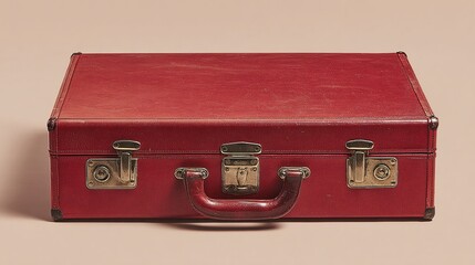 A vintage, red briefcase with tarnished metal hardware, sits on a neutral surface. The case features a handle and locking mechanisms, hinting at travel and secure storage.