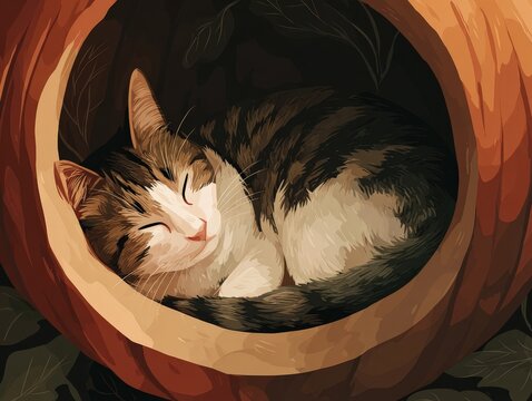 A tabby cat sleeping comfortably inside of a hollowed out orange halloween pumpkin illustration