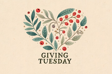 Botanical heart of green leaves and red berries above Giving Tuesday text on beige background.  generative ai