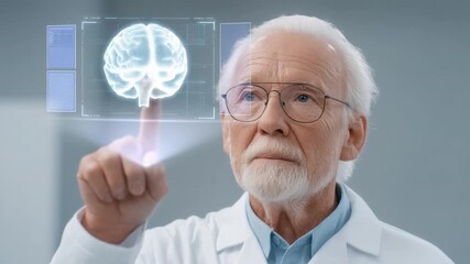 Elderly scientist examining holographic brain model in laboratory setting, showcasing advanced technology and innovation in neuroscience research and education