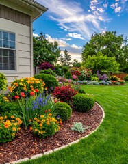 Fototapeta premium Lush Garden Landscape with Vibrant Flowers and Manicured Lawn.