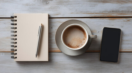 Coffee cup, notebook, pen, and smartphone on wooden table with cozy atmosphere and copy space
