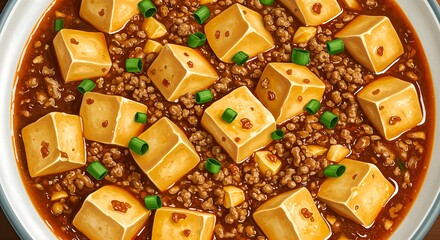 Close-up shot of a bowl of Mapo Tofu, a Sichuan cuisine dish with tofu cubes and minced meat.