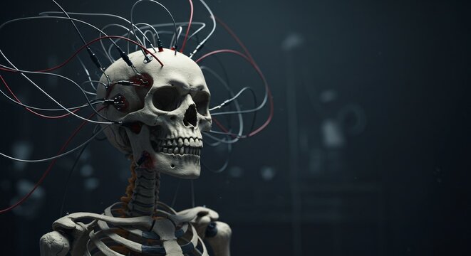 Human skeleton with wires connected to its skull. Artificial intelligence and cybernetic brain data transfer. Technology illustration and scientific concept.