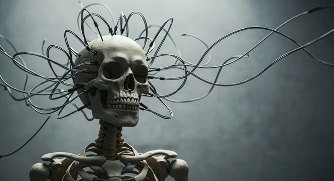 Human skeleton with wires connected to its skull. Artificial intelligence and cybernetic brain data transfer. Technology illustration and scientific concept.