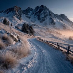 A snowy mountain trail at dawn, soft golden light cutting through mist. Generative AI