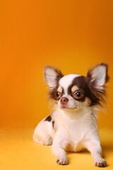Cute long-haired chihuahua dog lying down on yellow background. Vertical portrait with copy space at top